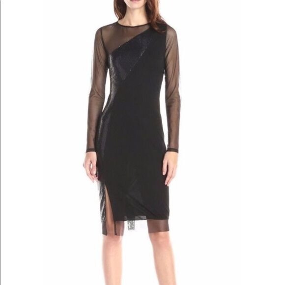 BCBGMaxAzria XXS Black Blaine Dress Mesh Sequins Midi Going Out Bodycon Club - Picture 1 of 7
